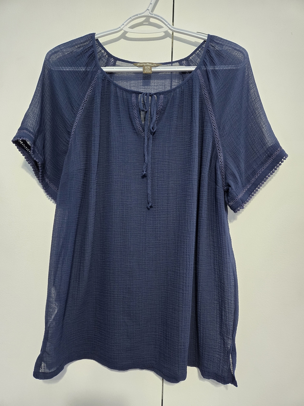 Tommy Bahama Navy Cotton Gauze Peasant Blouse Tie Neck Top M‎